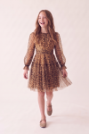 Holly leopard print party dress – long tulle sleeves and ruched waistband, front view