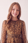 Holly girls' leopard print dress – round neckline and ruched waistband, close front crop