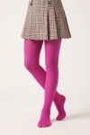 Girls' fuchsia opaque tights – on a model with a check skirt, front view