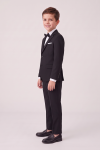 Sam boys' black set with bow tie – blazer and pressed trousers, full-length side view